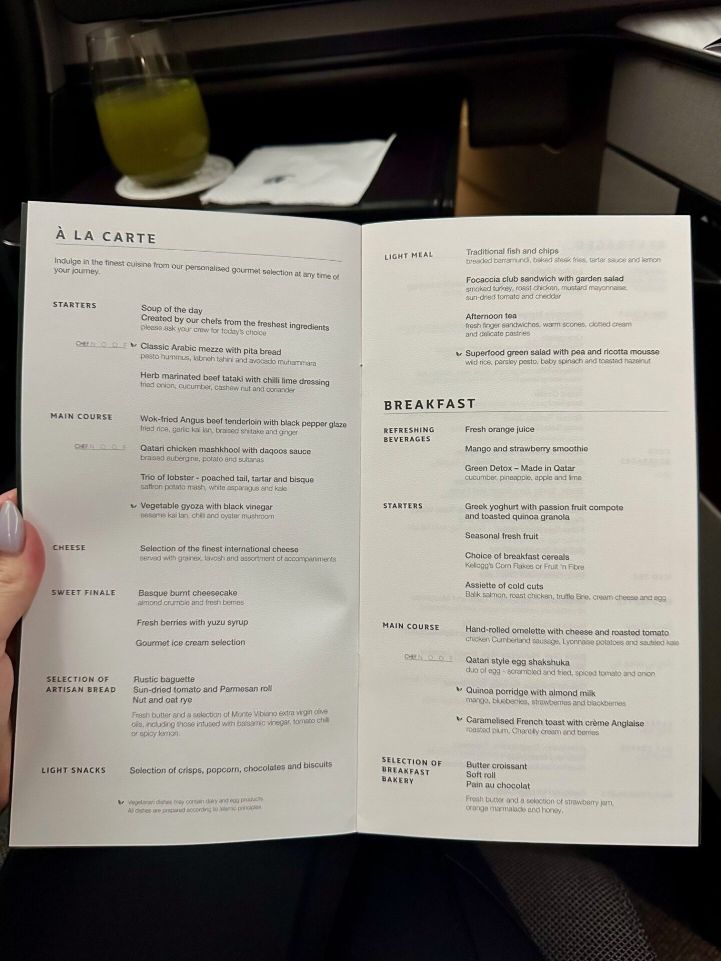 business class food menu